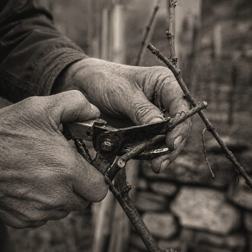 Hands of a vigneron pruning a bare grapevine in winter