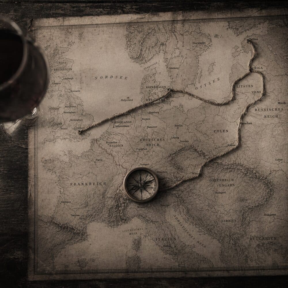 Vintage map of Europe with brass compass and twine tracing route from Switzerland to the Baltics and London